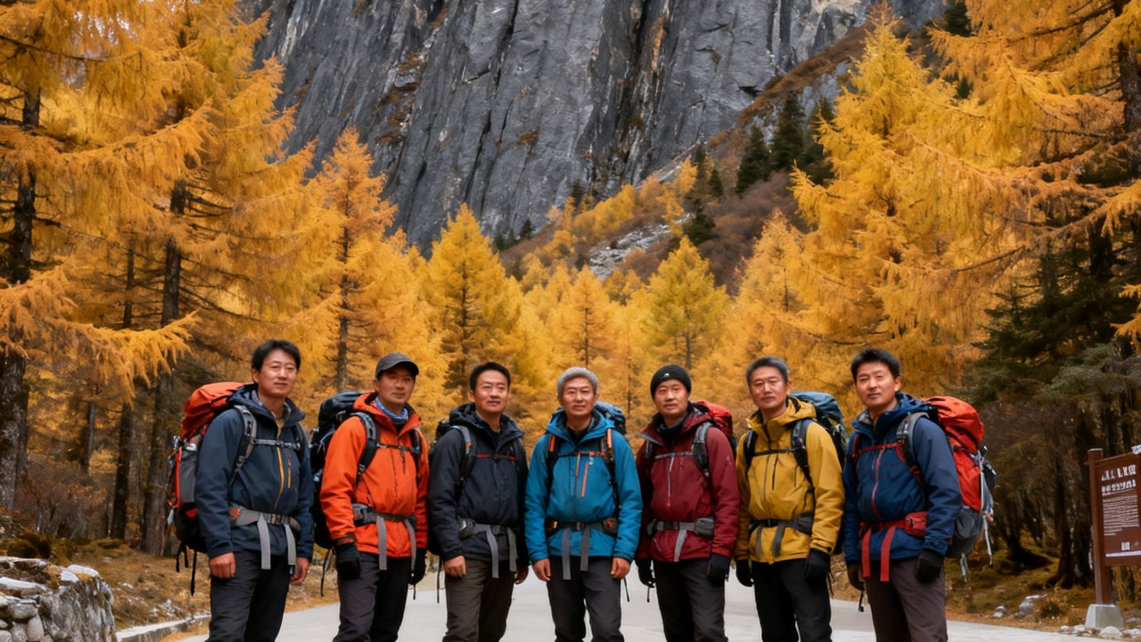 威廉体育七位创始成员在四姑娘山双桥沟入口处合影，背后是花岗岩绝壁和秋季金黄的落叶松林，每人身着专业户外装备神情坚定