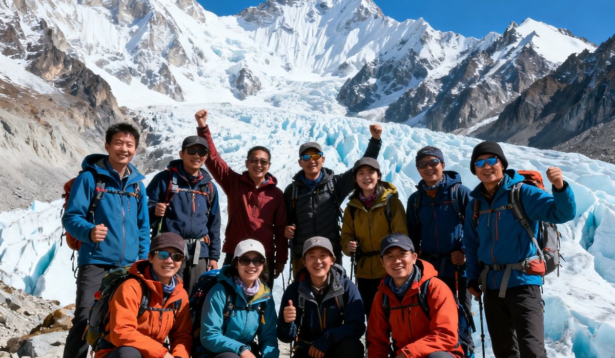 深度徒步团队在海拔4500米高山垭口合影留念，背景是壮丽的冰川和连绵雪峰，队员脸上洋溢着完成挑战的喜悦